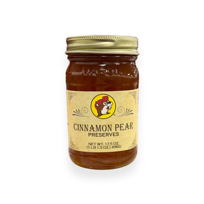Buc-ee's Cinnamon Pear Preserves 17.5 oz mason jar front view featuring iconic red beaver mascot logo and classic mason jar styling with golden lid, showing net weight 1 lb 1.5 oz