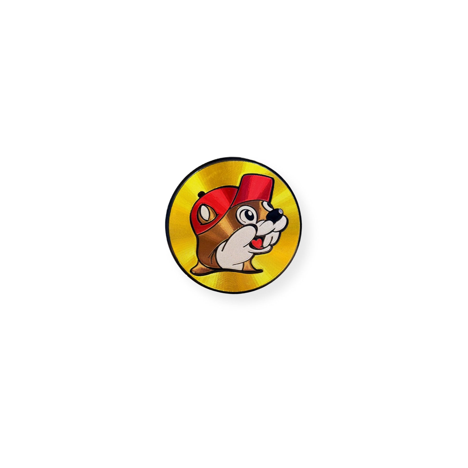 Buc-ee's classic round magnet featuring iconic smiling Bucky beaver character in red cap on vibrant golden yellow background with black border
