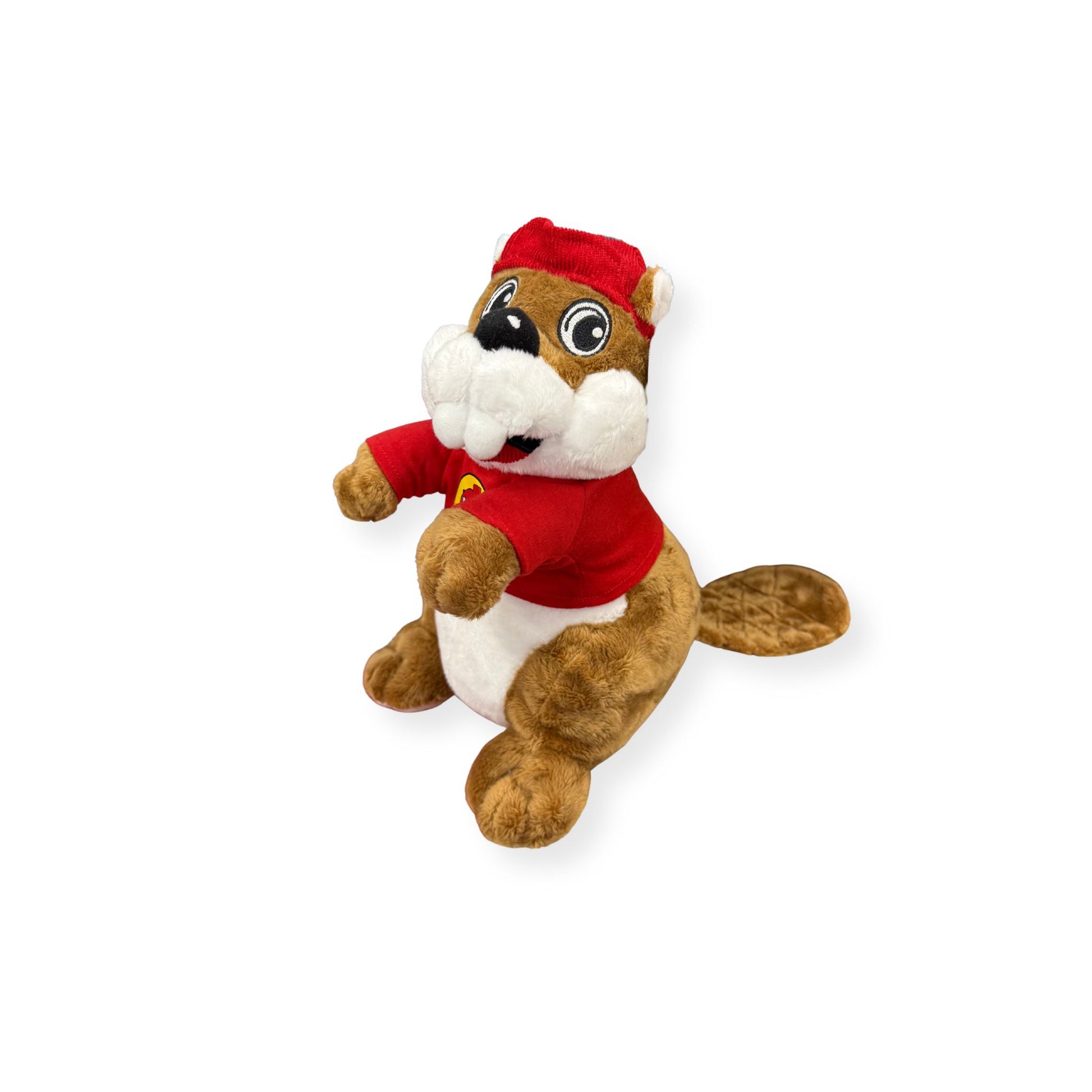 Front view of Buc-ee's beaver plush showing friendly expression, prominent white teeth, red shirt with logo, and white puffy cheeks