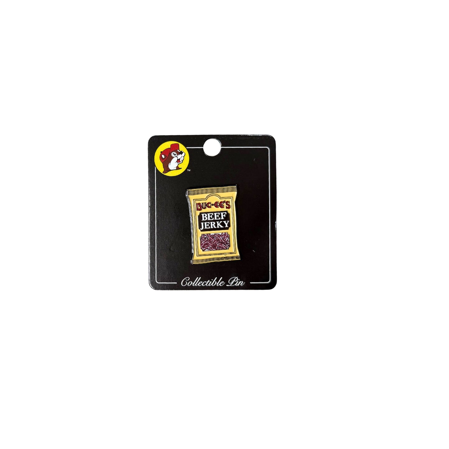 Buc-ee's collectible enamel pin on black display card: brown beef jerky package