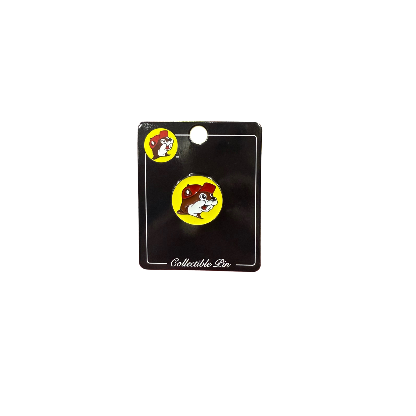 Buc-ee's collectible enamel pin on black display card: circle beaver