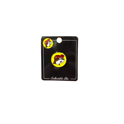 Buc-ee's collectible enamel pin on black display card: circle beaver