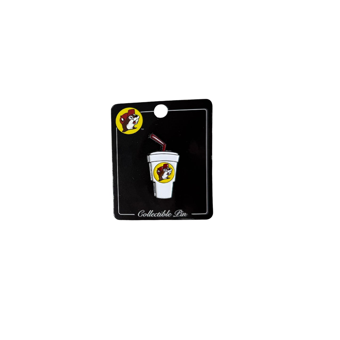Buc-ee's collectible enamel pin on black display card: white fountain drink cup with straw