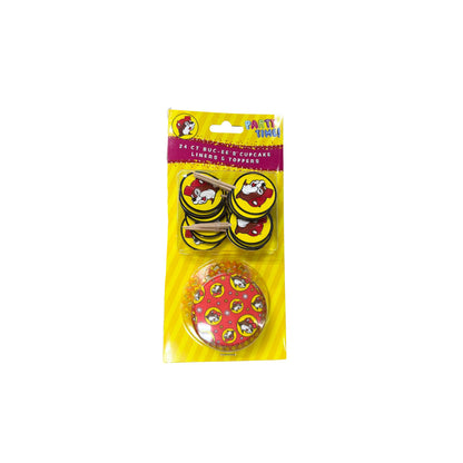 Buc-ee's 24-count cupcake liners and toppers in Party Time packaging, showing red liners with repeating yellow Bucky logos and matching circle toppers
