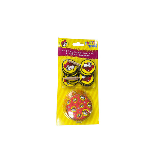 Buc-ee's 24-count cupcake liners and toppers in Party Time packaging, showing red liners with repeating yellow Bucky logos and matching circle toppers