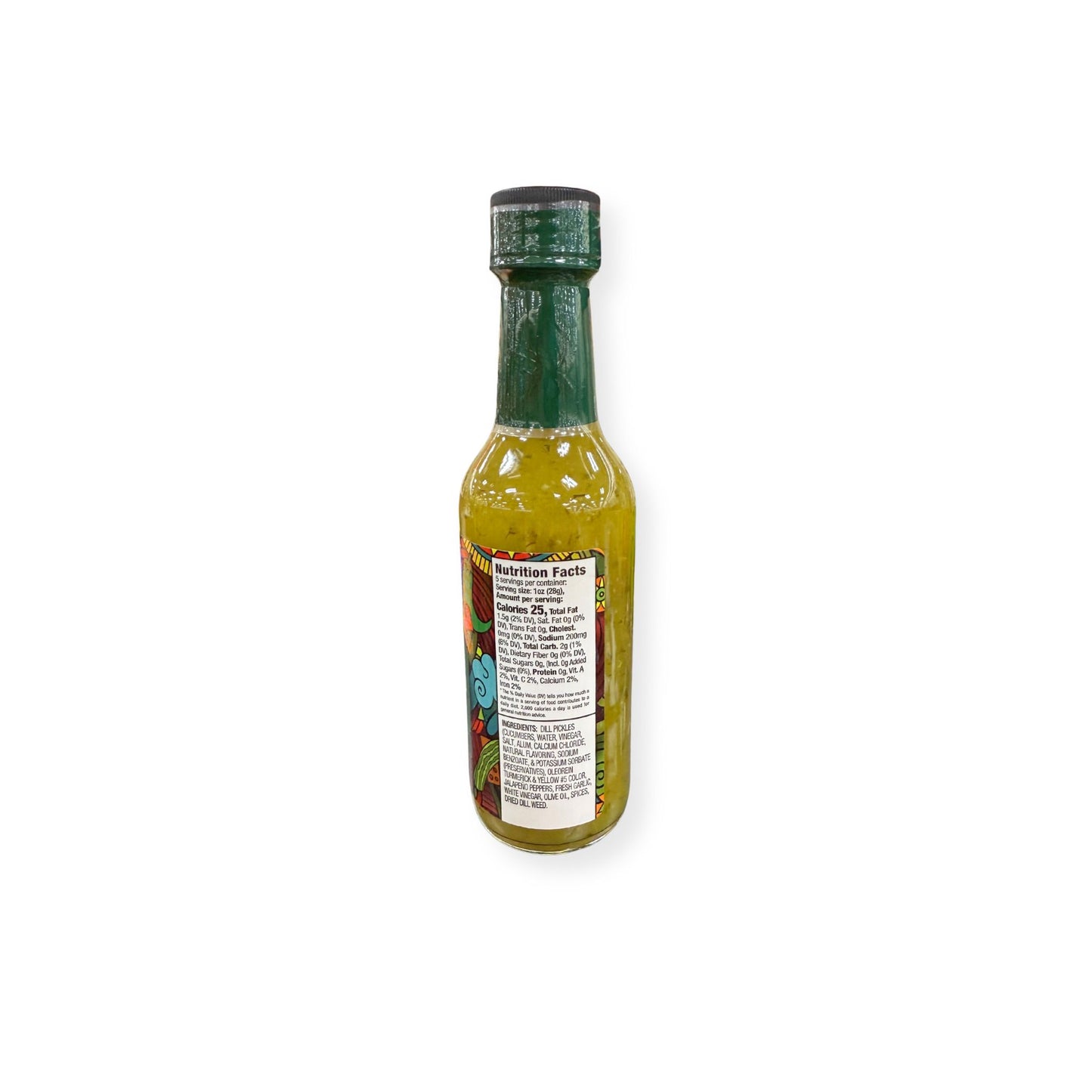 Buc-ee's Dill Pickle Jalapeño Hot Sauce 5 oz bottle back view showing detailed nutrition facts label with 15 calories per serving and ingredient list highlighting jalapeño peppers and dill pickle elements with medium heat rating