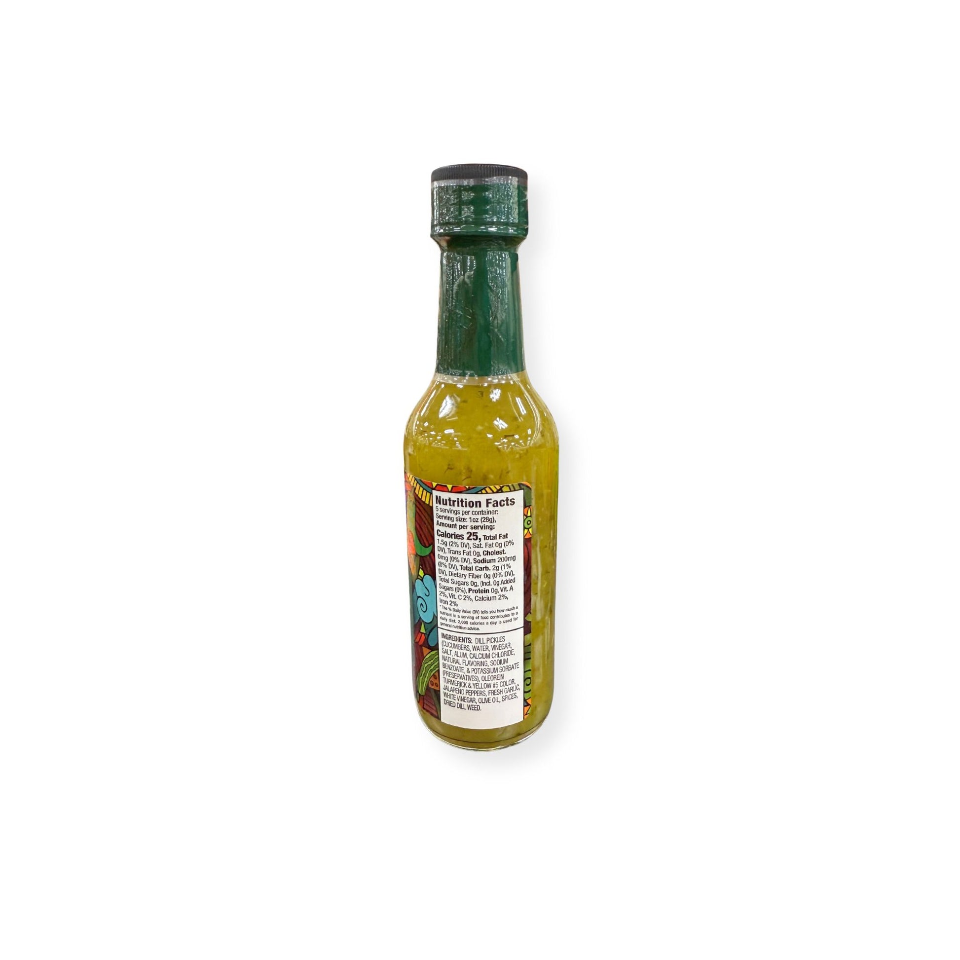 Buc-ee's Dill Pickle Jalapeño Hot Sauce 5 oz bottle back view showing detailed nutrition facts label with 15 calories per serving and ingredient list highlighting jalapeño peppers and dill pickle elements with medium heat rating