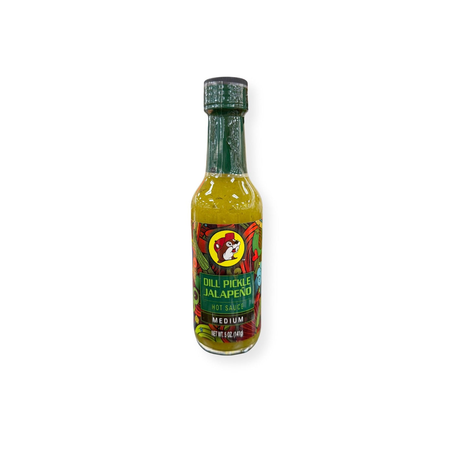 Buc-ee's Dill Pickle Jalapeño Hot Sauce 5 oz bottle front view featuring green bottle cap with beaver mascot logo, "DILL PICKLE JALAPEÑO HOT SAUCE" text, "MEDIUM" heat designation, and vibrant pickle and pepper-themed label graphics