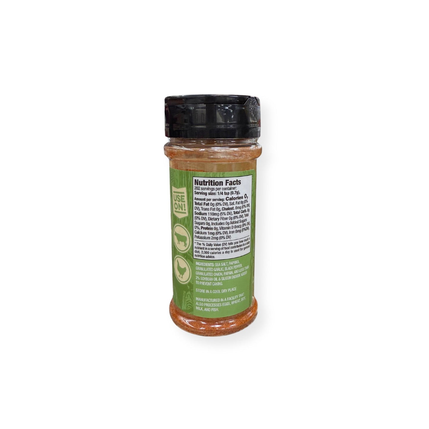 Buc-ee's Texas Round Up Fajita Seasoning 5 oz shaker container back view showing detailed nutrition facts label with 202 servings and ingredient list highlighting sea salt, granulated garlic, black pepper, and Tex-Mex spices