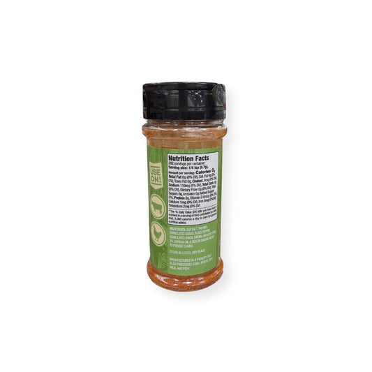 Buc-ee's Texas Round Up Fajita Seasoning 5 oz shaker container back view showing detailed nutrition facts label with 202 servings and ingredient list highlighting sea salt, granulated garlic, black pepper, and Tex-Mex spices