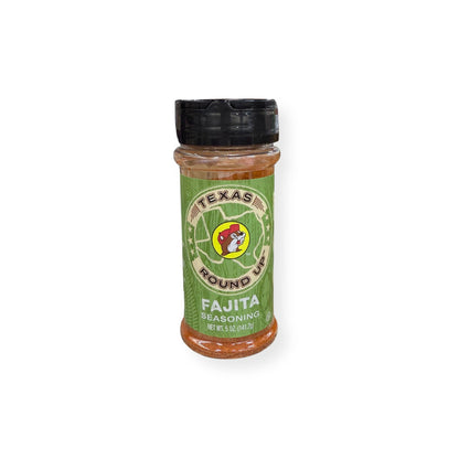 Buc-ee's Texas Round Up Fajita Seasoning 5 oz shaker container front view featuring green label with Texas state outline, beaver mascot logo, "TEXAS ROUND UP" and "FAJITA SEASONING" text with southwestern-themed design and black shaker top