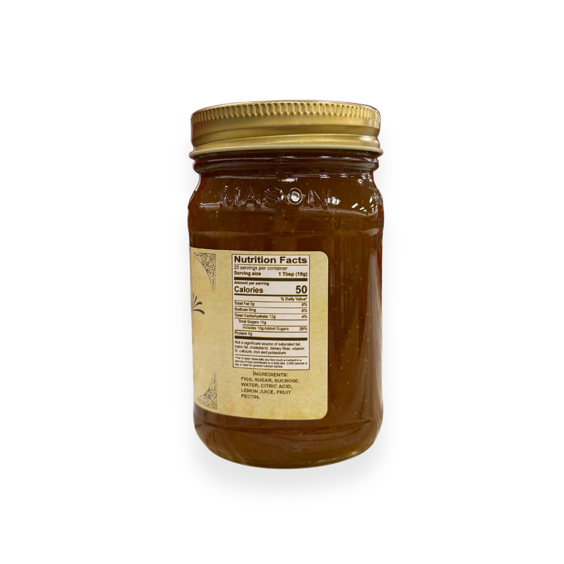 Buc-ee's Fig Preserves 17.5 oz mason jar side view showing nutrition facts label with 25 servings per container, ingredients list including figs and fruit pectin, and golden vintage-style labeling
