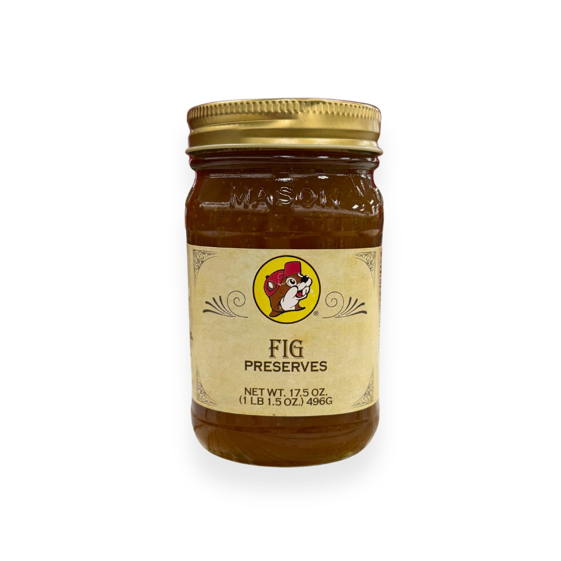 Buc-ee's Fig Preserves 17.5 oz mason jar front view featuring iconic red beaver mascot logo and classic mason jar styling with golden lid, showing net weight 1 lb 1.5 oz