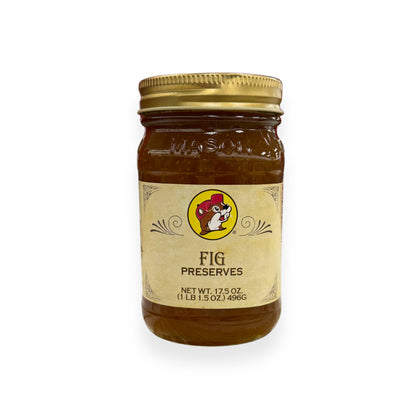 Buc-ee's Fig Preserves 17.5 oz mason jar front view featuring iconic red beaver mascot logo and classic mason jar styling with golden lid, showing net weight 1 lb 1.5 oz