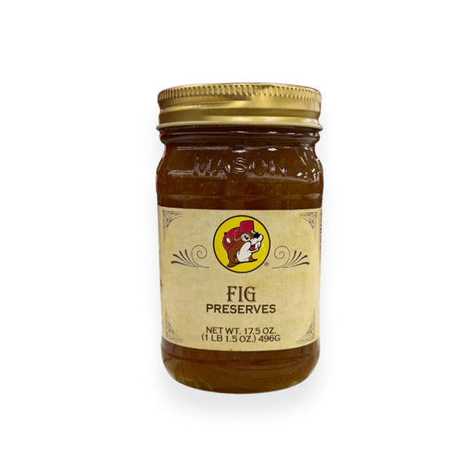 Buc-ee's Fig Preserves 17.5 oz mason jar front view featuring iconic red beaver mascot logo and classic mason jar styling with golden lid, showing net weight 1 lb 1.5 oz