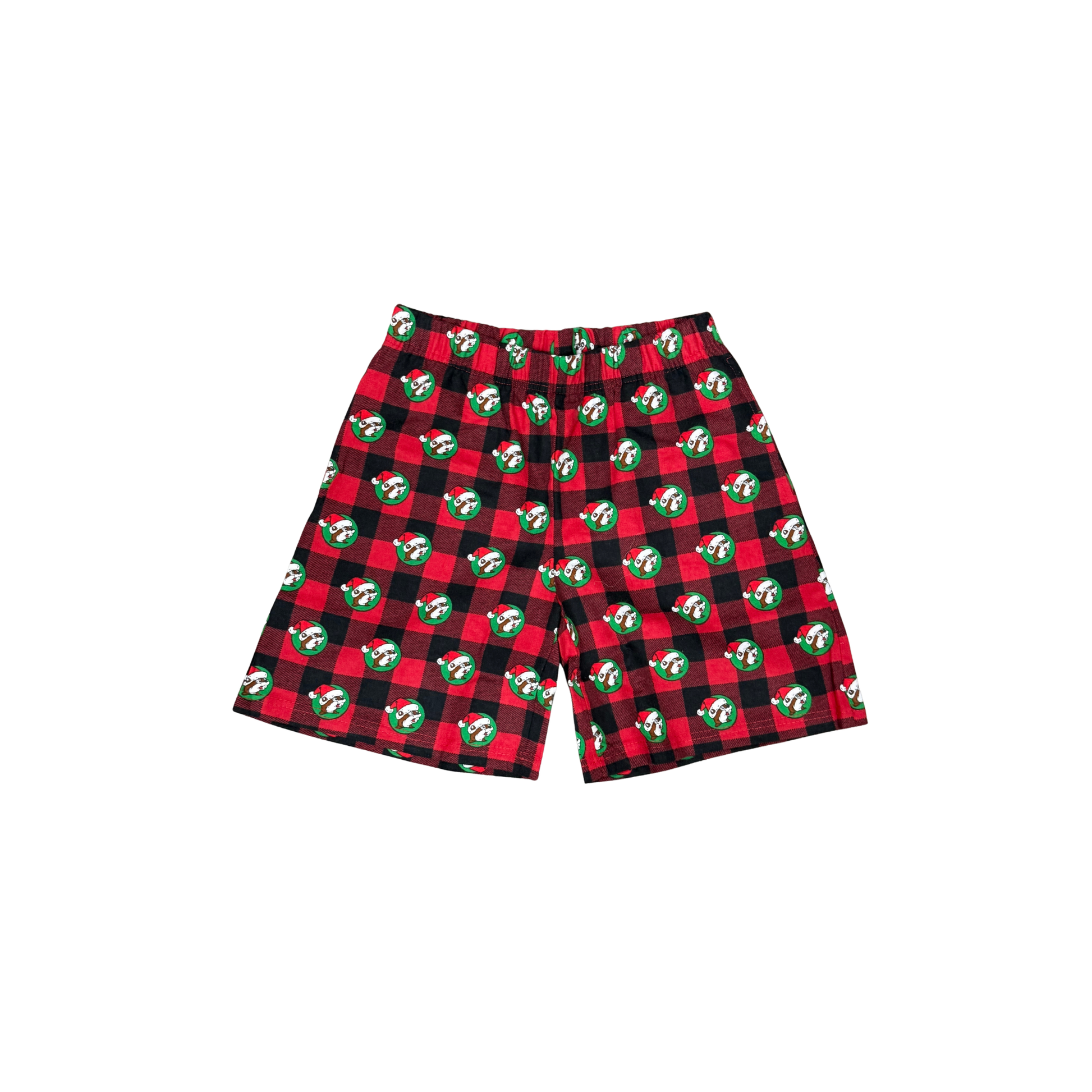 Buc-ee's Christmas pajama shorts in red and black buffalo plaid pattern with repeating Santa Bucky beaver logos in green circles, holiday loungewear