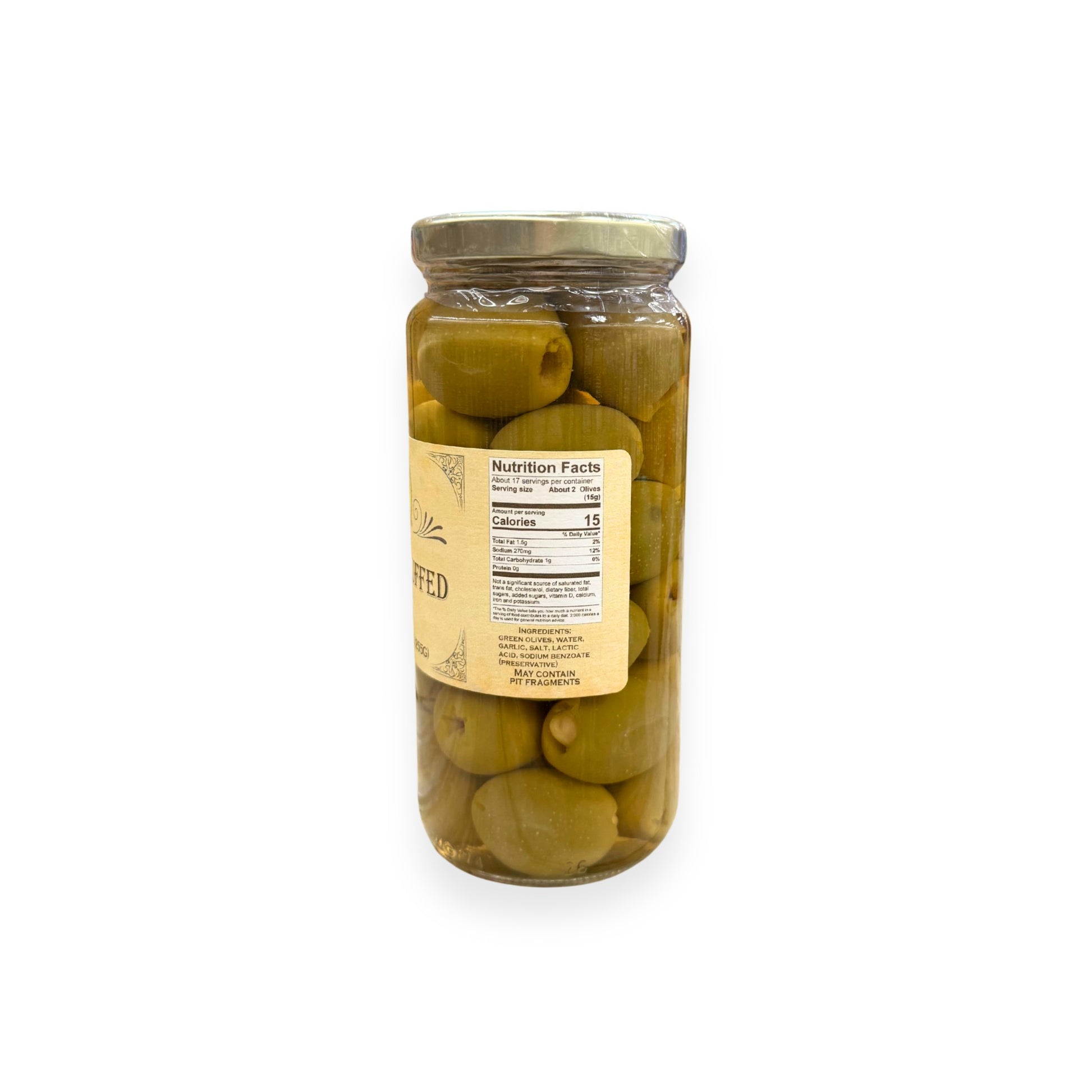 Buc-ee's Garlic Stuffed Olives 9 oz glass jar side view showing nutrition facts label, green olives stuffed with white garlic cloves in brine, and golden yellow vintage-style labeling