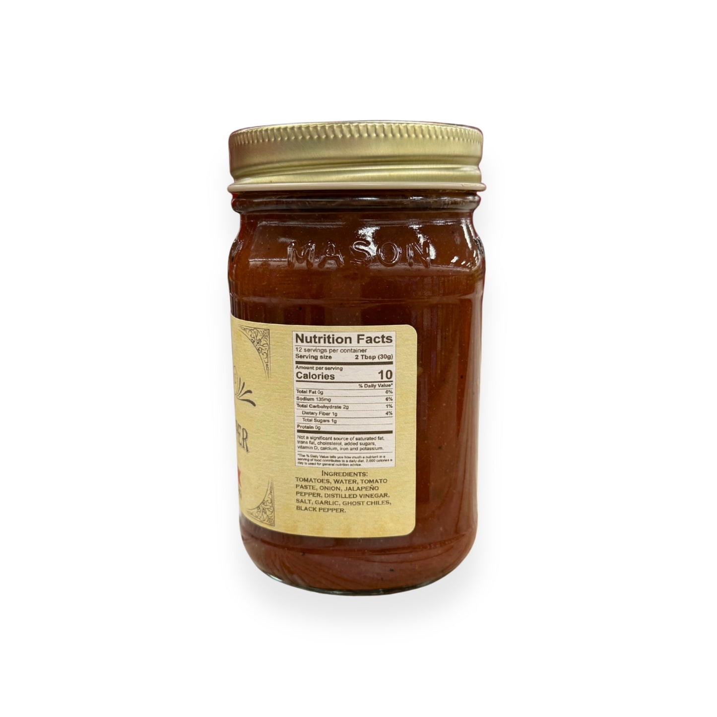 Buc-ee's Ghost Pepper Salsa 14 oz mason jar side view showing nutrition facts label with 12 servings per container, ingredients list including ghost chilies, and golden vintage-style labeling
