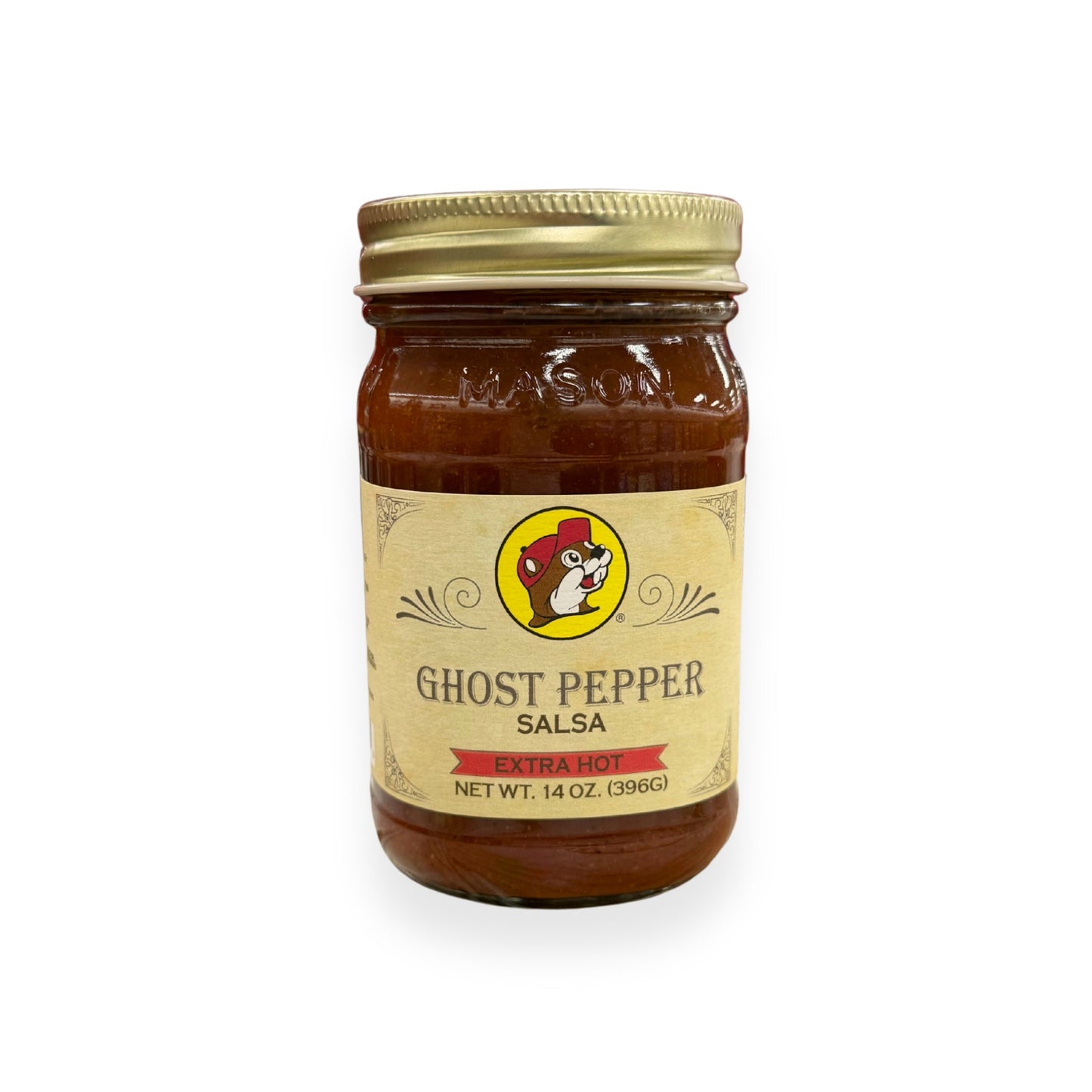 Buc-ee's Ghost Pepper Salsa 14 oz mason jar front view featuring iconic red beaver mascot logo, bold "EXTRA HOT" warning label, and classic mason jar styling with golden lid