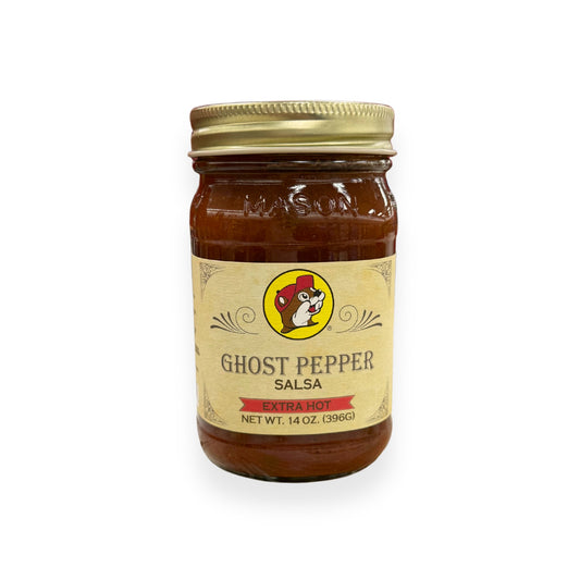 Buc-ee's Ghost Pepper Salsa 14 oz mason jar front view featuring iconic red beaver mascot logo, bold "EXTRA HOT" warning label, and classic mason jar styling with golden lid