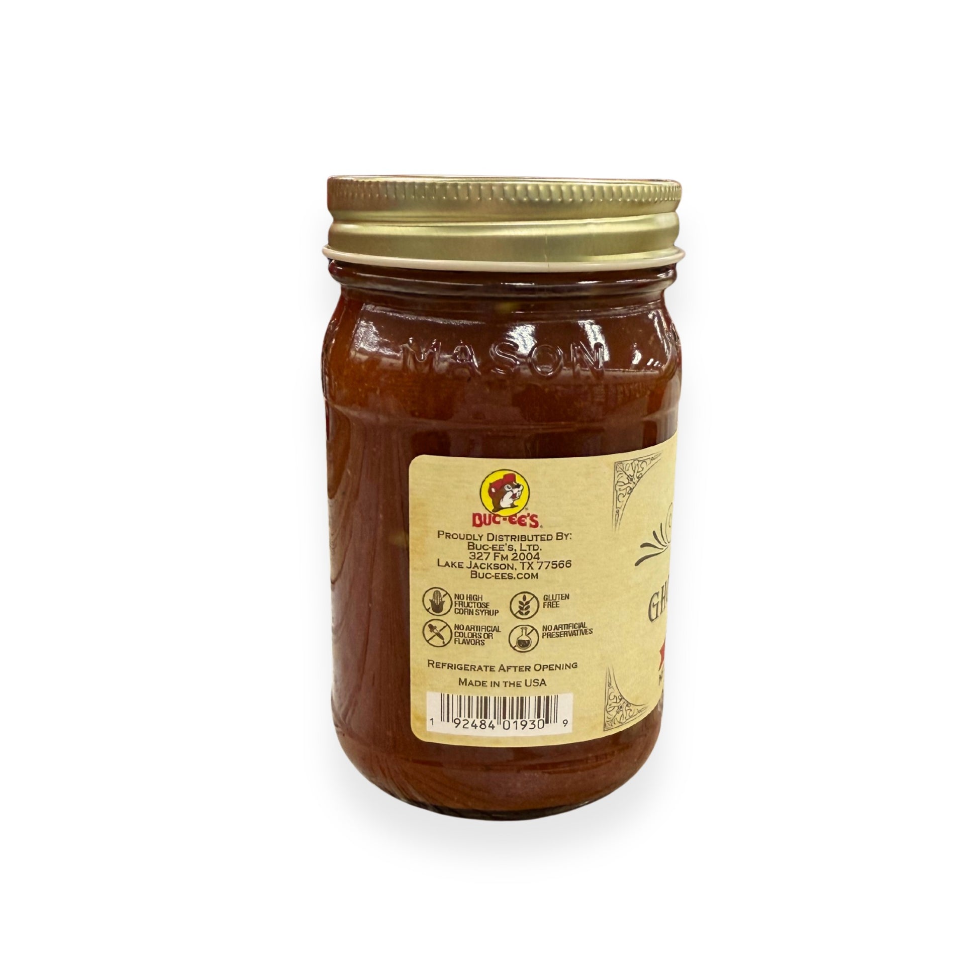 Buc-ee's Ghost Pepper Salsa 14 oz mason jar back view showing Buc-ee's distributor information from Lake Jackson TX, gluten-free certification, no artificial preservatives badges, barcode, and storage instructions