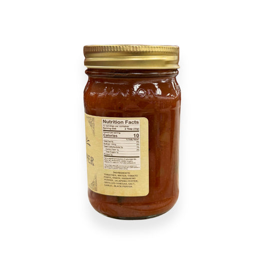 Buc-ee's Habanero Pepper Salsa 14 oz mason jar side view showing nutrition facts label with 12 servings per container, ingredients list including habanero and jalapeño peppers, and golden vintage-style labeling