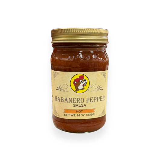 Buc-ee's Habanero Pepper Salsa 14 oz mason jar front view featuring iconic red beaver mascot logo, "HOT" heat level indicator, and classic mason jar styling with golden lid
