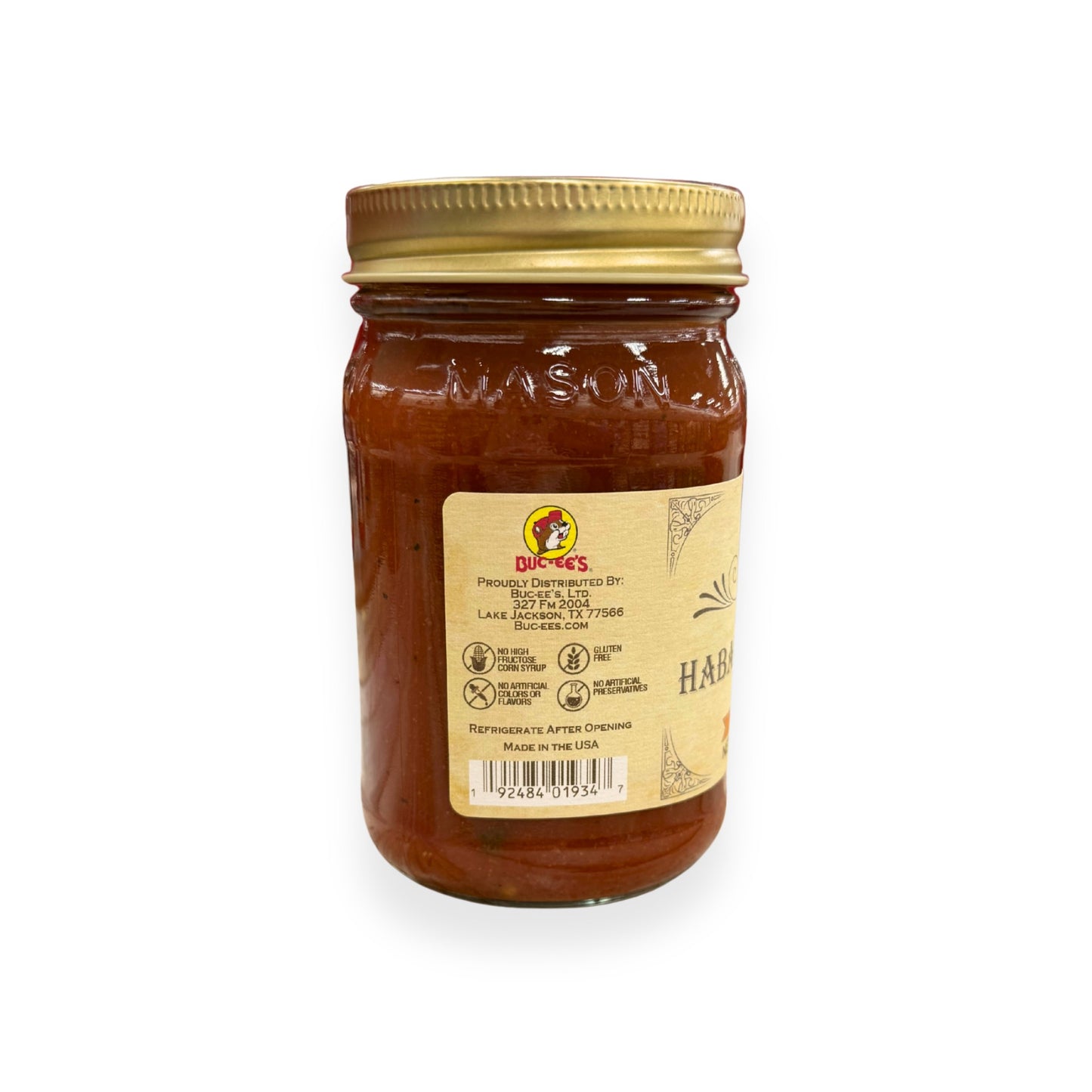 Buc-ee's Habanero Pepper Salsa 14 oz mason jar back view showing Buc-ee's distributor information from Lake Jackson TX, gluten-free certification, no artificial preservatives badges, barcode, and storage instructions