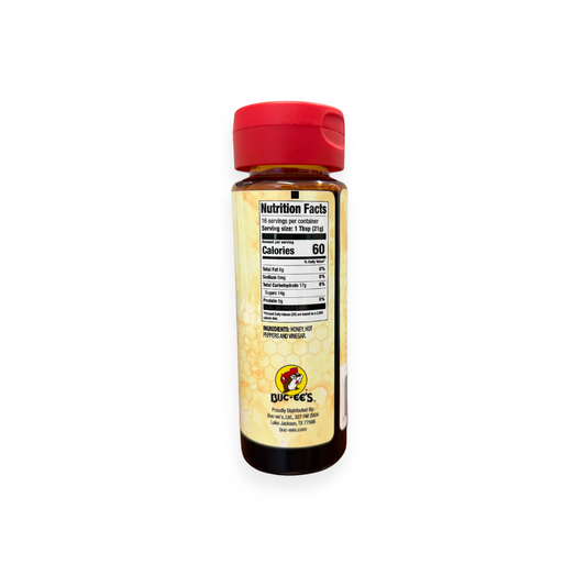 Buc-ee's Hot Honey 12 oz squeeze bottle side view showing detailed nutrition facts label, ingredients list including honey and hot peppers, and honeycomb pattern design
