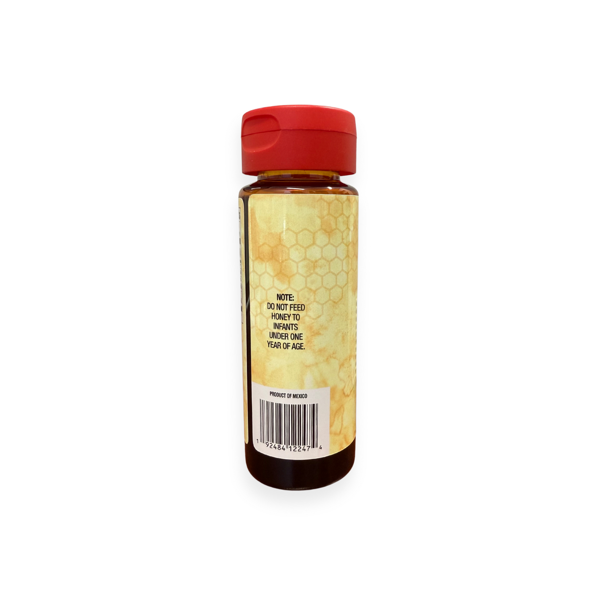Buc-ee's Hot Honey 12 oz squeeze bottle back view showing product information, "Product of Mexico" text, barcode, and infant safety warning