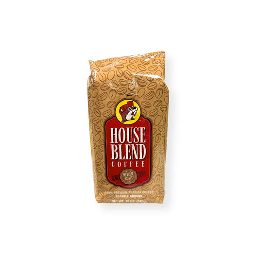 Buc-ee's House Blend Coffee 12 oz front view featuring red and yellow label with beaver mascot, "HOUSE BLEND COFFEE" text, "Medium Roast" designation, and "100% Premium Arabica Coffee Freshly Ground" details