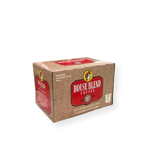 Buc-ee's House Blend Coffee K-Cups 12 count box featuring coffee bean pattern background, red House Blend label with beaver mascot, medium roast designation, and "100% Premium Arabica Coffee" text showing K-Cup compatibility