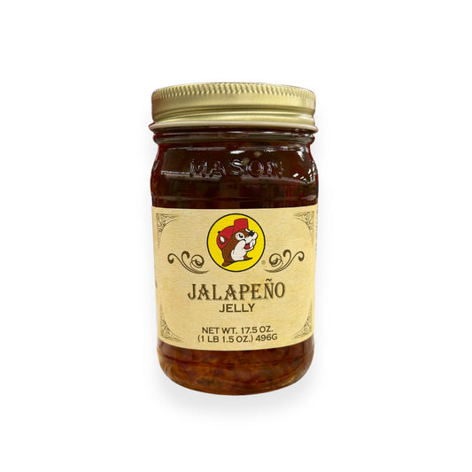 Buc-ee's Jalapeño Jelly 17.5 oz mason jar front view featuring iconic red beaver mascot logo and classic mason jar styling with golden lid, showing net weight 1 lb 1.5 oz