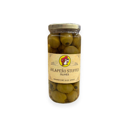 Buc-ee's Jalapeño Stuffed Olives 9 oz glass jar front view featuring iconic red beaver mascot logo, ornate vintage-style label design, and clear view of jalapeño-stuffed green olives