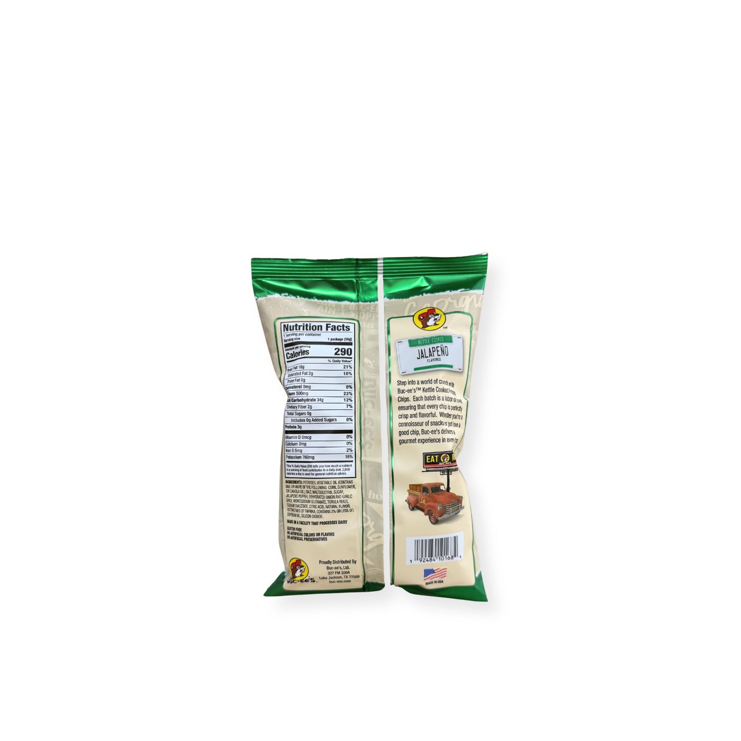 Buc-ee's Kettle Cooked Jalapeño Potato Chips 5oz bag back view displaying nutrition facts label with 290 calories per serving and ingredient information