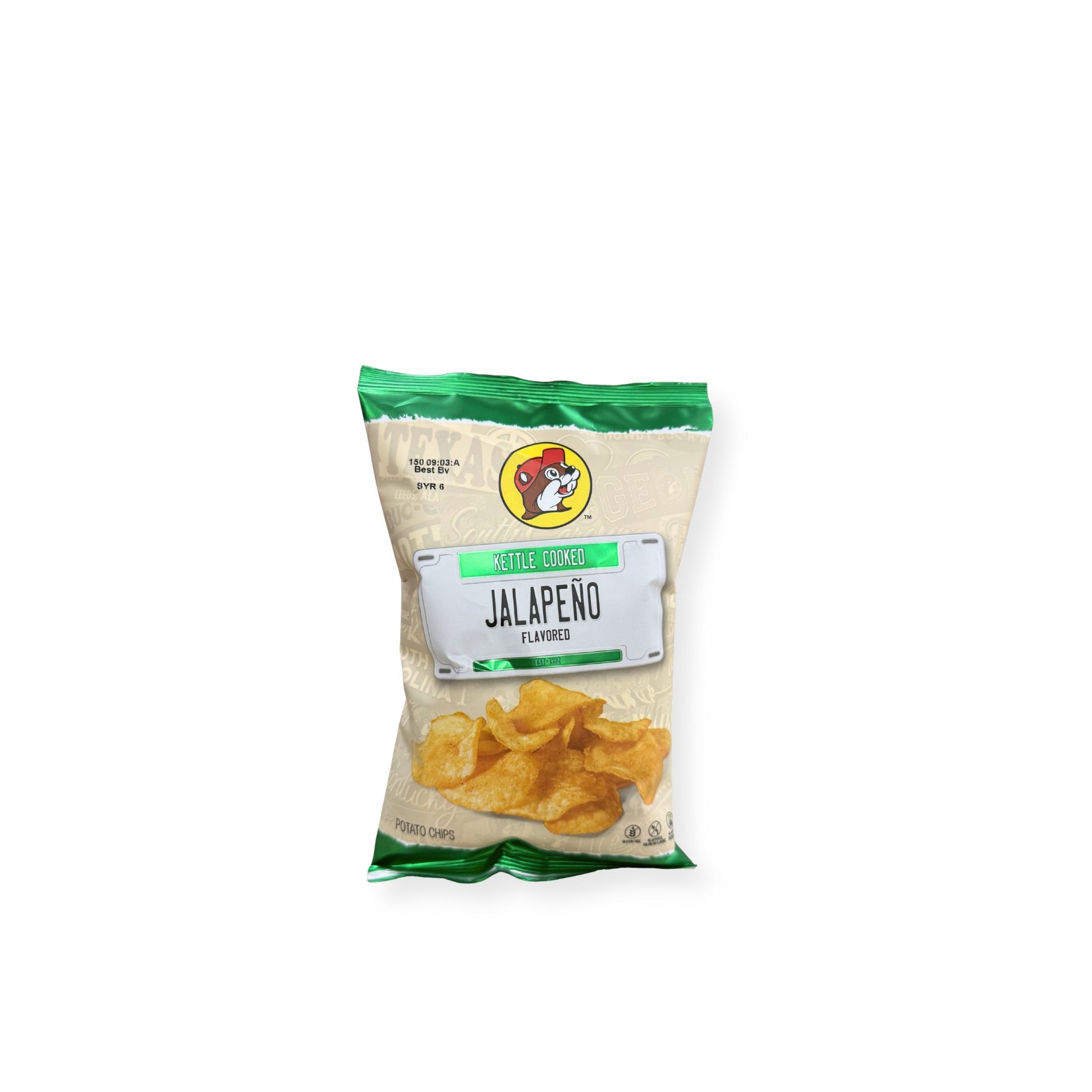 Buc-ee's Kettle Cooked Jalapeño Potato Chips 5oz bag front view showing green and white packaging with Buc-ee's beaver logo and crispy potato chips