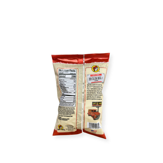 Buc-ee's Kettle Cooked Sorta Spicy Cajun Boil Potato Chips 5oz bag back view displaying nutrition facts label with 290 calories per serving and ingredient information