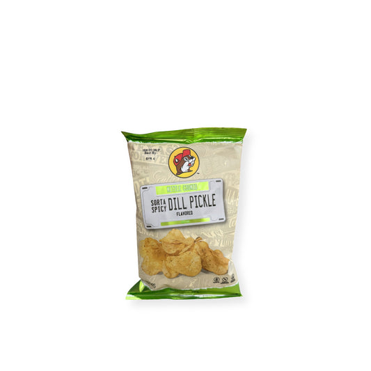 Buc-ee's Kettle Cooked Sorta Spicy Dill Pickle Potato Chips 5oz bag front view showing green and white packaging with Buc-ee's beaver logo and seasoned chips