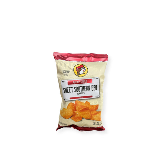 Buc-ee's Kettle Cooked Sweet Southern BBQ Potato Chips 5oz bag front view showing red and white packaging with Buc-ee's beaver logo and BBQ seasoned chips