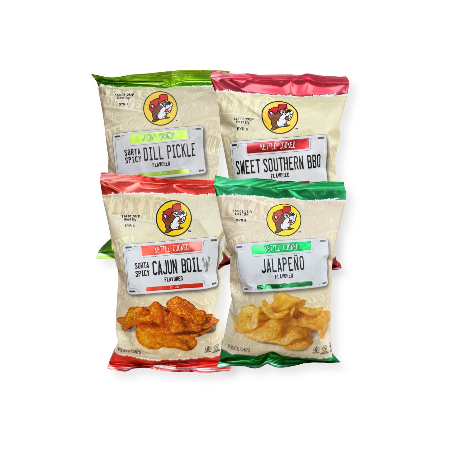 Buc-ee's Kettle Cooked variety pack showing Jalapeño, Sorta Spicy Dill Pickle, Sweet Southern BBQ, and Sorta Spicy Cajun Boil 5oz bags as complete bundle