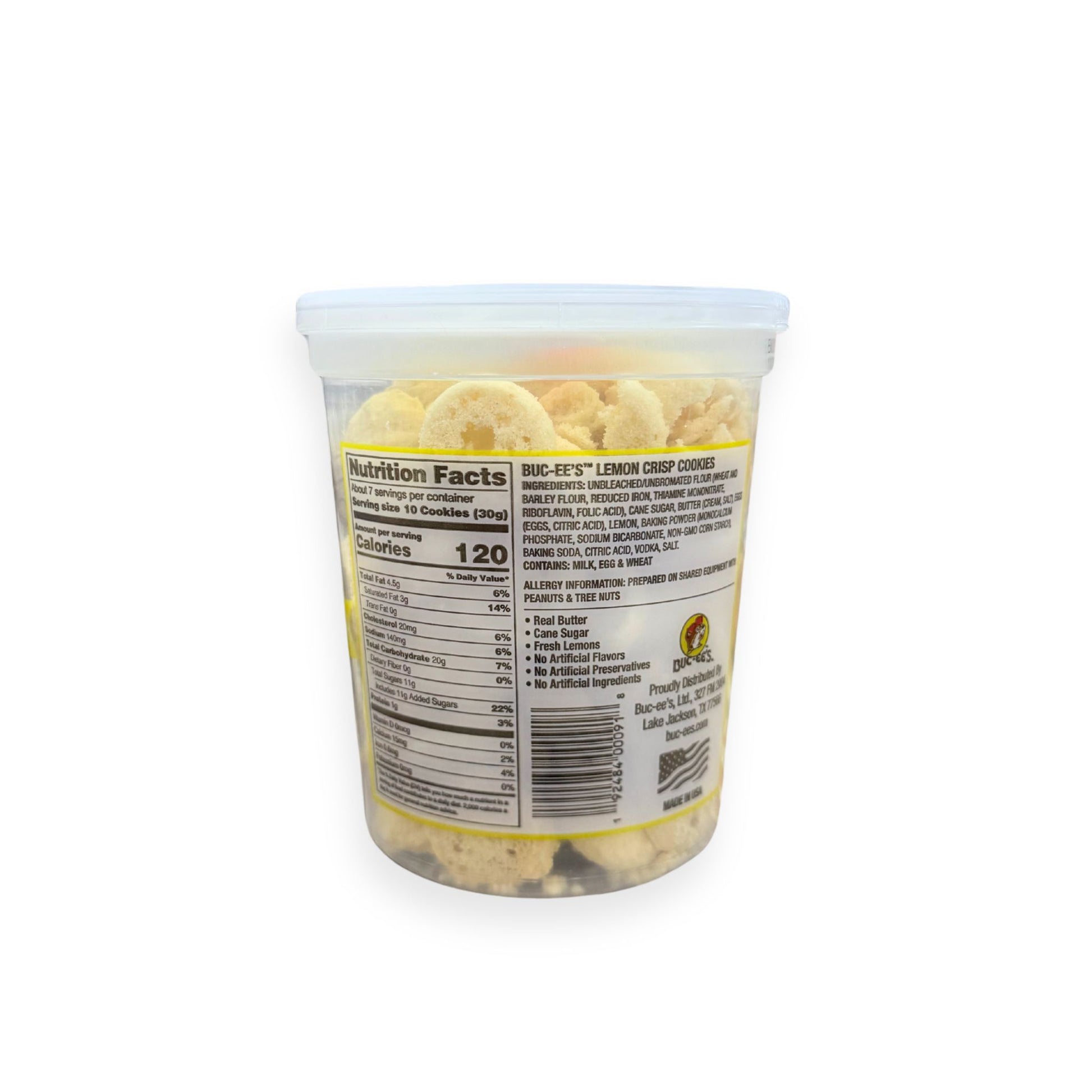 Buc-ee's Lemon Crisps 7.5 oz clear container back view showing detailed nutrition facts label with 120 calories per serving and ingredient list highlighting real butter, cane sugar, and fresh lemons with no artificial ingredients