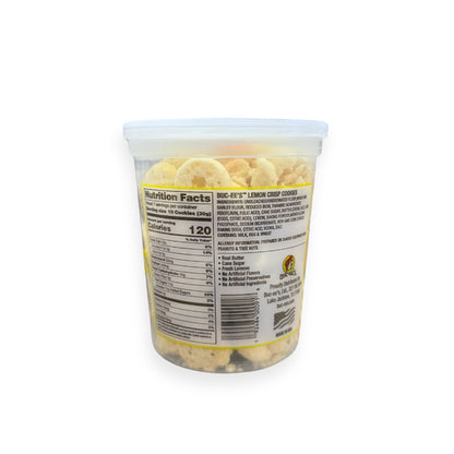 Buc-ee's Lemon Crisps 7.5 oz clear container back view showing detailed nutrition facts label with 120 calories per serving and ingredient list highlighting real butter, cane sugar, and fresh lemons with no artificial ingredients