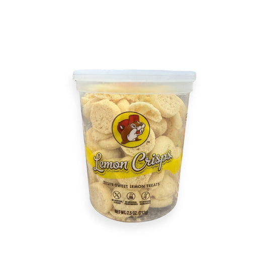 Buc-ee's Lemon Crisps 7.5 oz clear container front view featuring yellow "Lemon Crisps" branding with beaver mascot logo, "Zesty Sweet Lemon Treats" description, and visible golden crispy cookies inside container