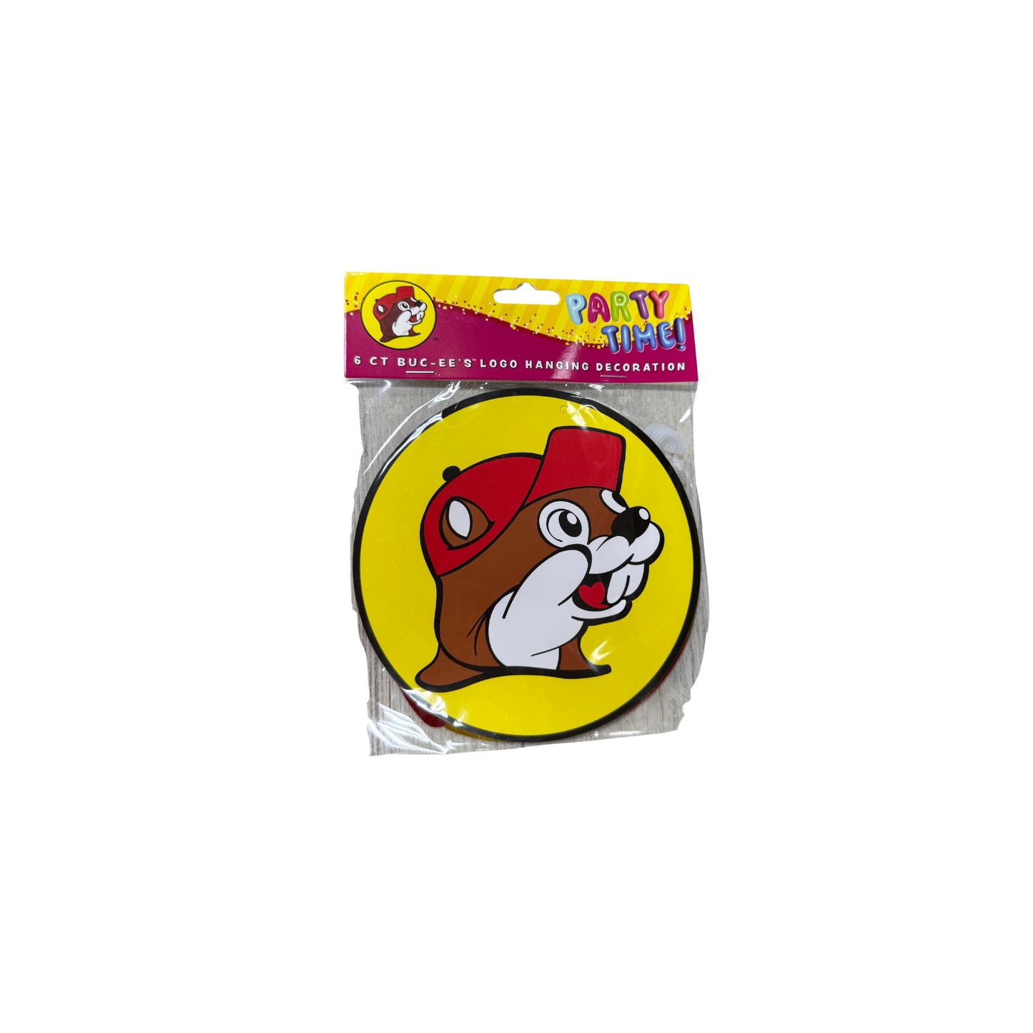 Buc-ee's 6-count hanging logo decorations featuring Bucky beaver on yellow circles with black borders in Party Time branded packaging
