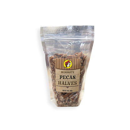 Buc-ee's mammoth pecan halves 16oz bag front showing premium whole pecans with striped label and Bucky logo, resealable packaging