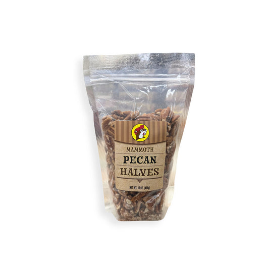 Buc-ee's mammoth pecan halves 16oz bag front showing premium whole pecans with striped label and Bucky logo, resealable packaging