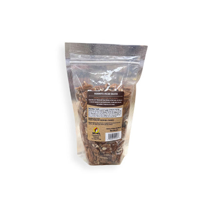 Buc-ee's mammoth pecan halves bag back showing nutrition facts and large whole pecan halves visible through clear packaging