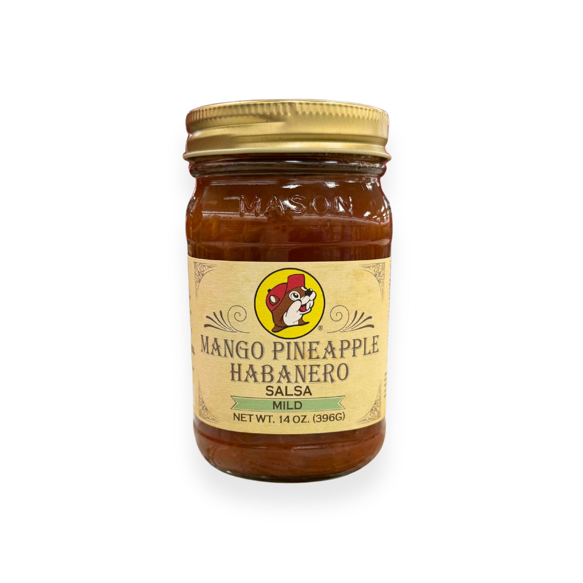 Buc-ee's Mango Pineapple Habanero Salsa 14 oz mason jar front view featuring iconic red beaver mascot logo, "MILD" heat level indicator, and classic mason jar styling with golden lid