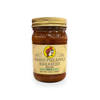 Buc-ee's Mango Pineapple Habanero Salsa 14 oz mason jar front view featuring iconic red beaver mascot logo, "MILD" heat level indicator, and classic mason jar styling with golden lid