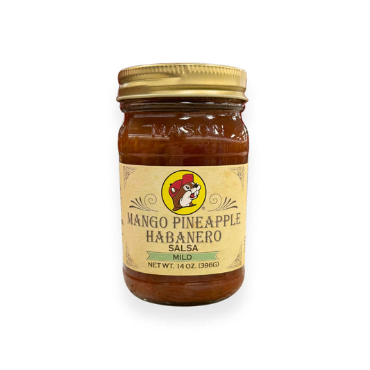 Buc-ee's Mango Pineapple Habanero Salsa 14 oz mason jar front view featuring iconic red beaver mascot logo, "MILD" heat level indicator, and classic mason jar styling with golden lid